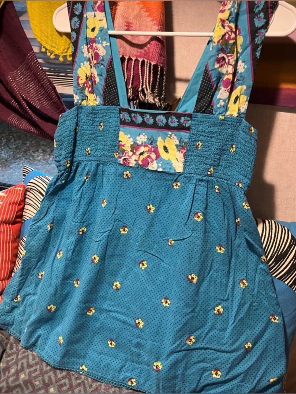 FREE PEOPLE Top Tank Vintage Floral Colorful  Boho Blue Black Red Yellow Size 10